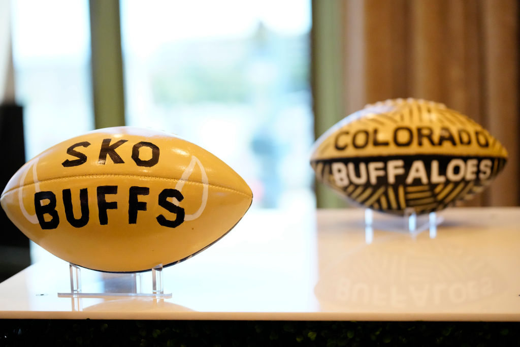 Custom painted Pac-12 University of Colorado Buffaloes football on display at Zouk Nightclub at Resorts World Las Vegas on July 21, 2023 in Las Vegas, Nevada.