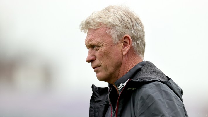 David Moyes, the West Ham United manager looks on during the pre-season friendly match between Dagenham & Redbridge and West Ham United at Chigwell Construction Stadium on July 22, 2023 in Dagenham, England.