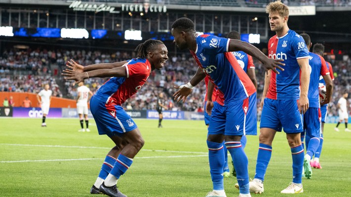 Eberechi Eze and Marc Guehi of Crystal Palace celebrate after a goal during the match between Crystal Palace and Sevilla at Comerica Park on July 30, 2023 in Detroit, Michigan.