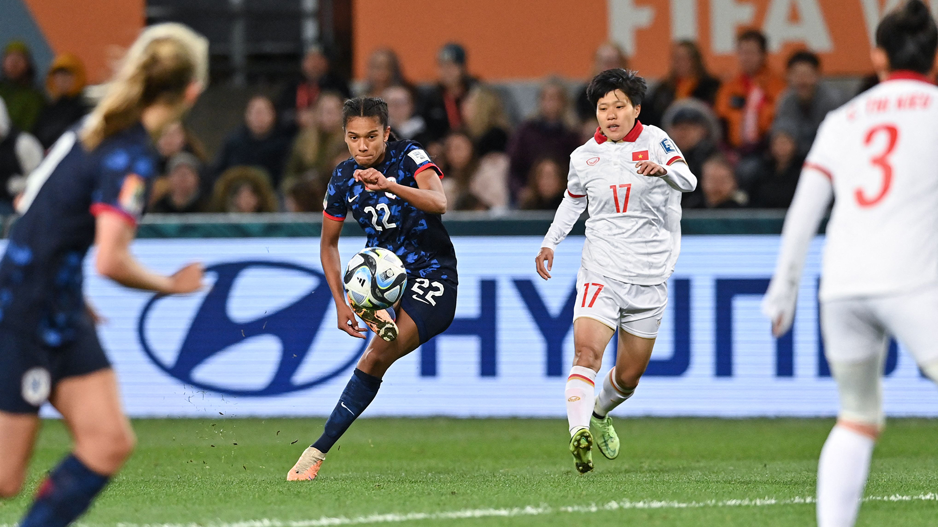 Netherlands' forward #22 Esmee Brugts (centre L) scores her team's sixth goal during the Australia and New Zealand 2023 Women's World Cup Group E football match between Vietnam and the Netherlands at Dunedin Stadium in Dunedin on August 1, 2023.