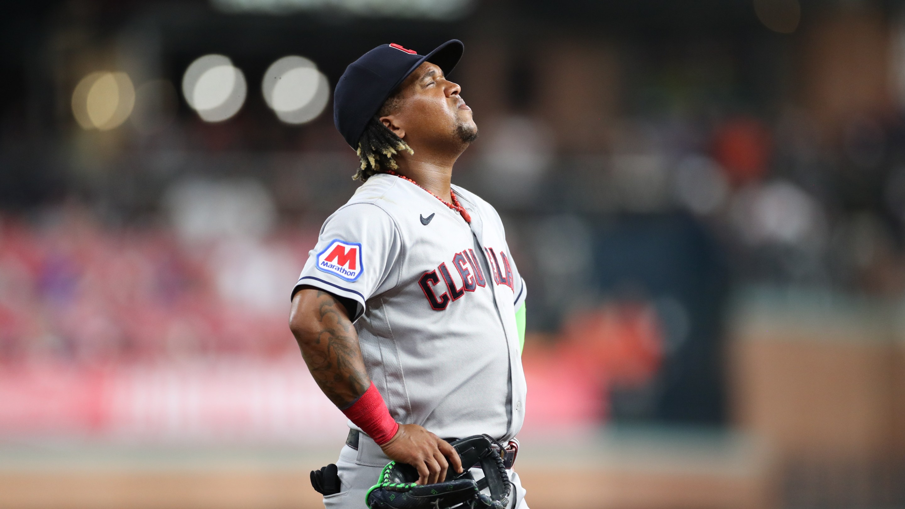 Jose Ramirez #11 of the Cleveland Guardians reacts in the fourth inning during the game between the Cleveland Guardians and the Houston Astros at Minute Maid Park on Tuesday, August 1, 2023 in Houston, Texas.