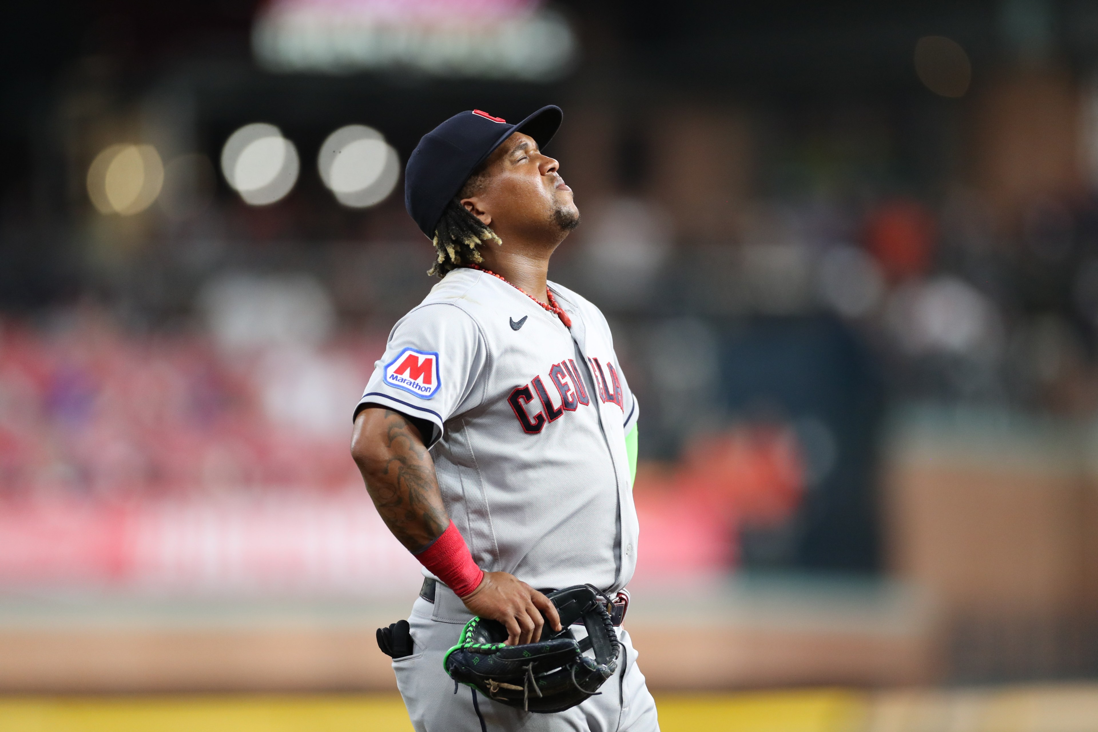 Jose Ramirez #11 of the Cleveland Guardians reacts in the fourth inning during the game between the Cleveland Guardians and the Houston Astros at Minute Maid Park on Tuesday, August 1, 2023 in Houston, Texas.