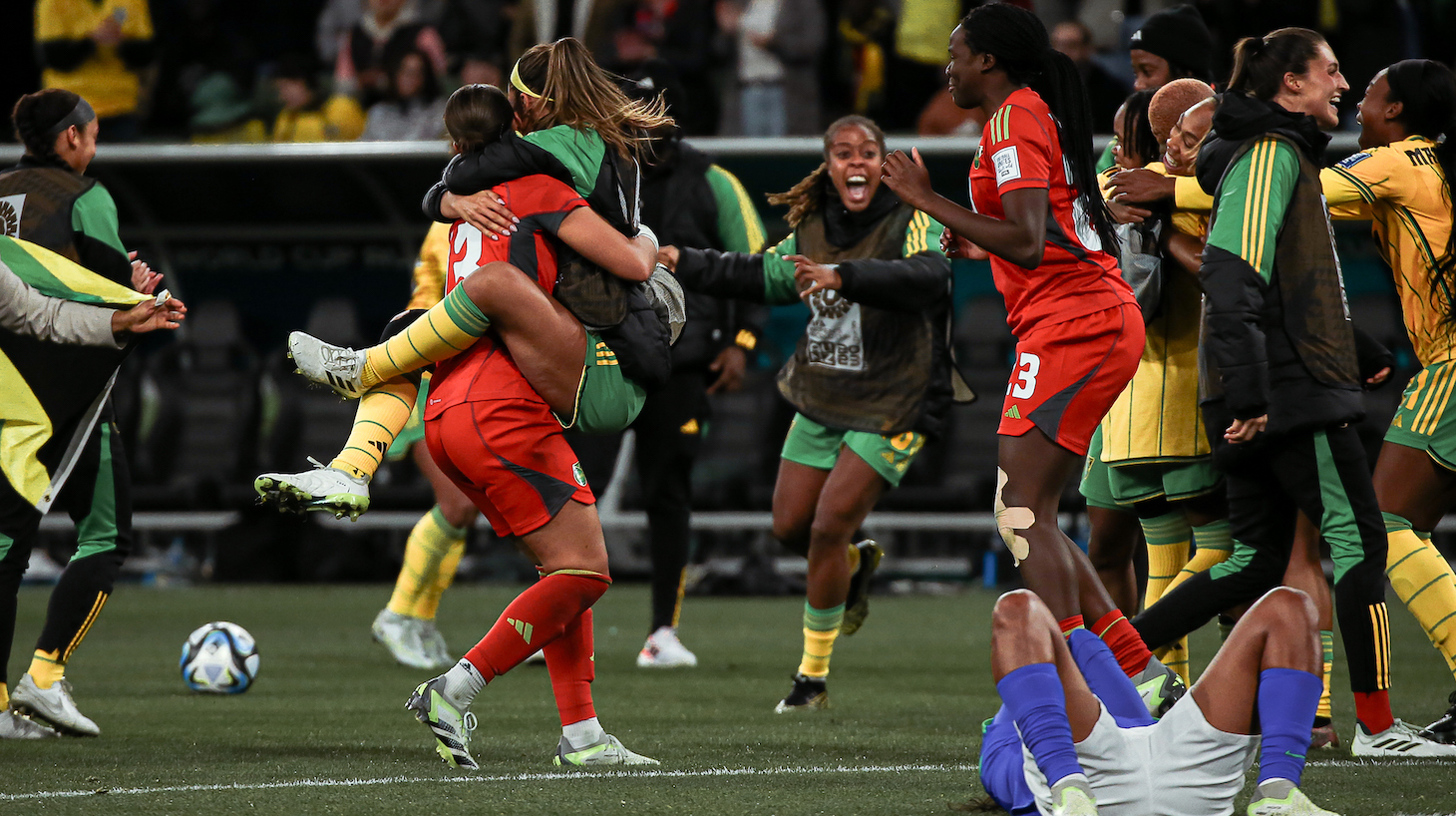 The players of Jamaica celebrate after winning the FIFA Women's World Cup Australia &amp; New Zealand 2023 Group F match between Jamaica and Brazil at Melbourne Rectangular Stadium on August 2, 2023 in Melbourne, Australia.