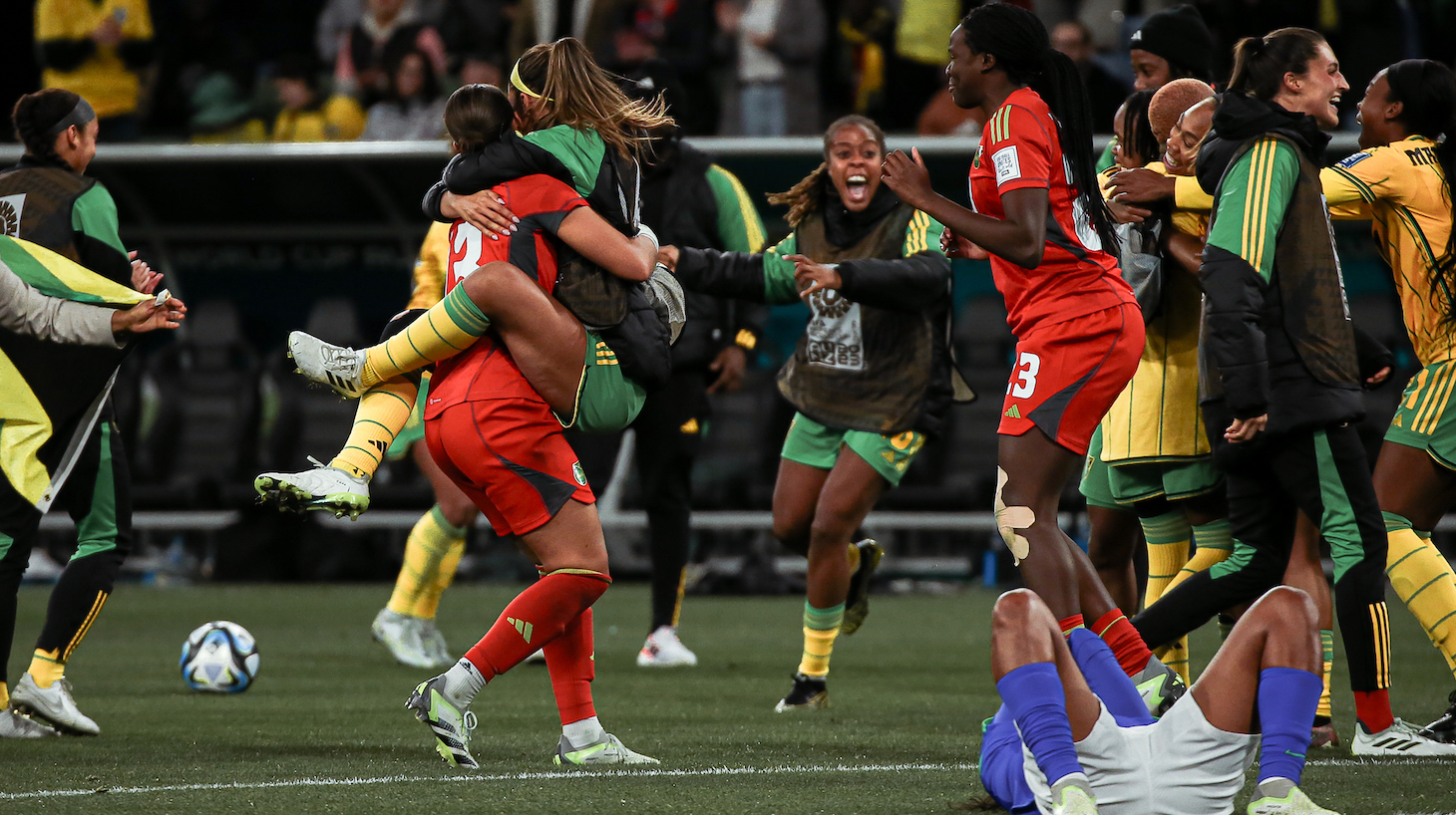 The players of Jamaica celebrate after winning the FIFA Women's World Cup Australia & New Zealand 2023 Group F match between Jamaica and Brazil at Melbourne Rectangular Stadium on August 2, 2023 in Melbourne, Australia.