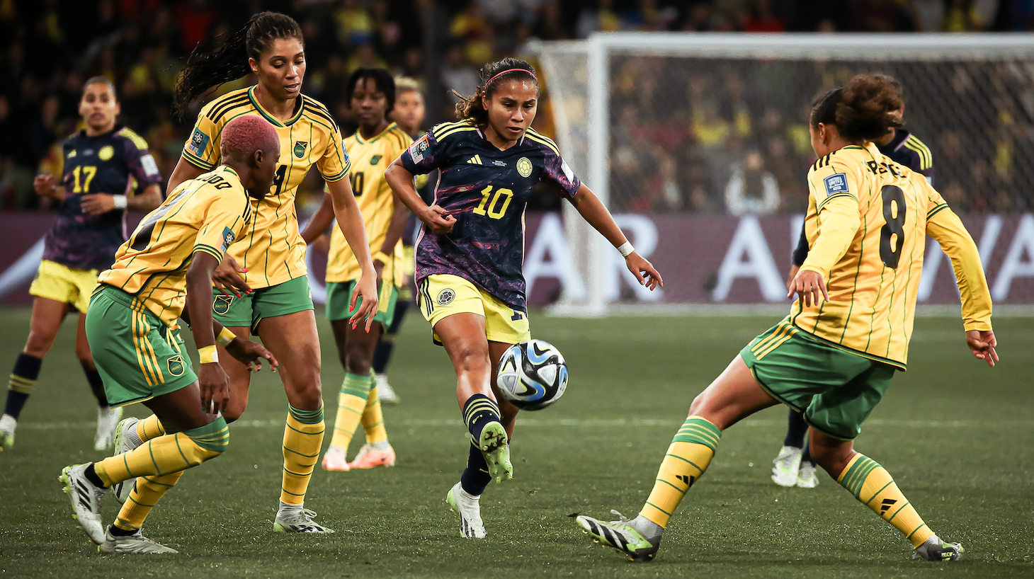 Leicy Santos of Colombia controls the ball during the FIFA Women's World Cup Australia &amp; New Zealand 2023 Round of 16 match between Colombia and Jamaica at Melbourne Rectangular Stadium on August 8, 2023 in Melbourne, Australia.