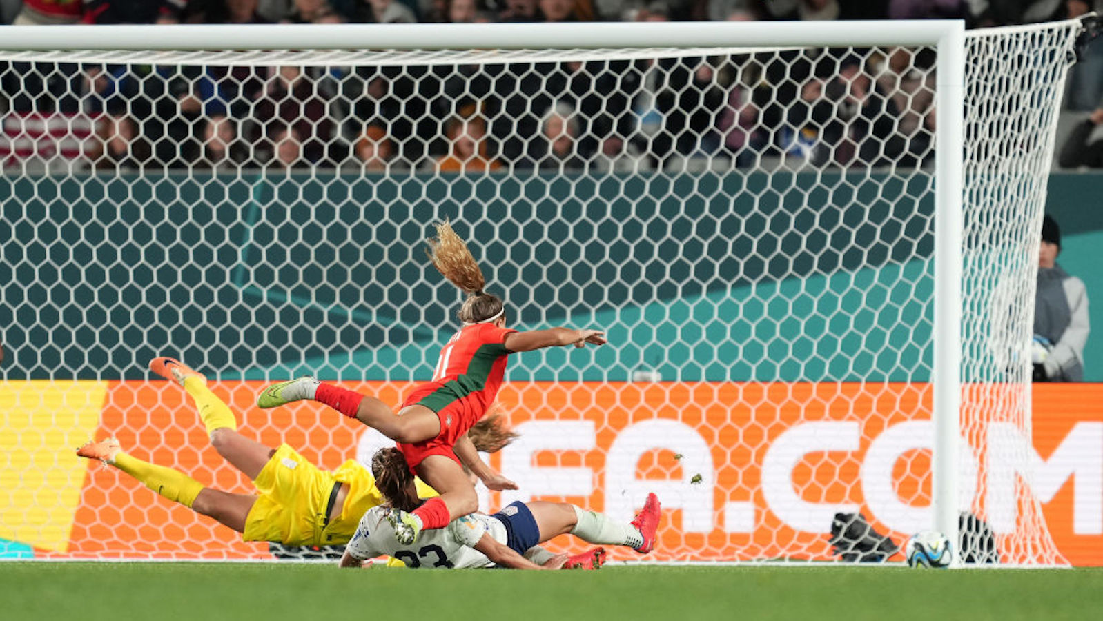 Ana Capeta #21 of Portugal sends a shot off the post during the second half of the FIFA Women's World Cup Australia Auckland, New Zealand.