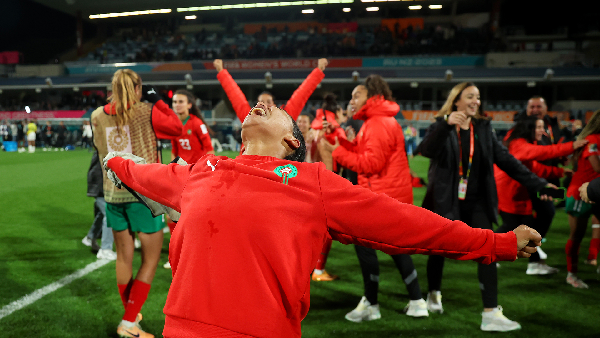 Sofia Bouftini and Morocco players celebrate advancing to the knock out stage after the 1-0 victory in the FIFA Women's World Cup Australia &amp; New Zealand 2023 Group H match between Morocco and Colombia at Perth Rectangular Stadium on August 03, 2023 in Perth, Australia.