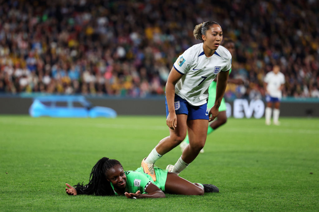 Lauren James of England stamps on Michelle Alozie of Nigeria which later leads to a red card being shown following a Video Assistant Referee review during the FIFA Women's World Cup Australia & New Zealand 2023 Round of 16 match between England and Nigeria at Brisbane Stadium on August 07, 2023 in Brisbane / Meaanjin, Australia.