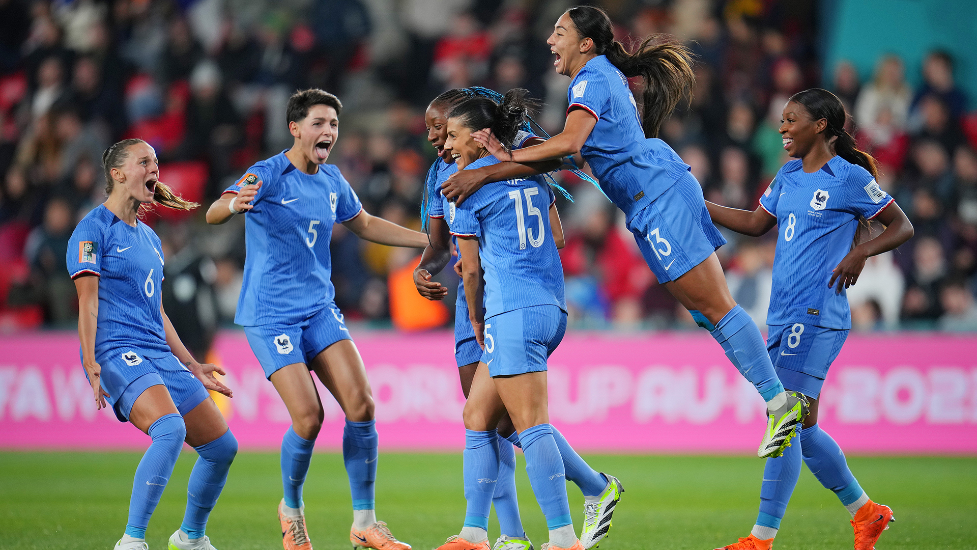 Kenza Dali (3rd R) of France celebrates with teammates after scoring her team's second goal during the FIFA Women's World Cup Australia &amp; New Zealand 2023 Round of 16 match between France and Morocco at Hindmarsh Stadium on August 08, 2023 in Adelaide / Tarntanya, Australia.