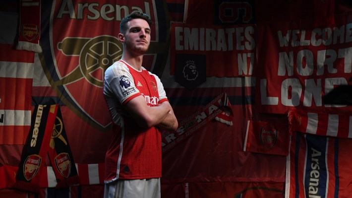 Declan Rice of Arsenal poses during the Arsenal Men's team photocall at London Colney on August 08, 2023 in St Albans, England.