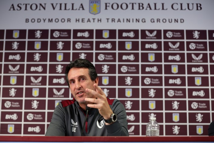 Unai Emery head coach of Aston Villa talks to the press during a press conference at Bodymoor Heath training ground on August 10, 2023 in Birmingham, England.