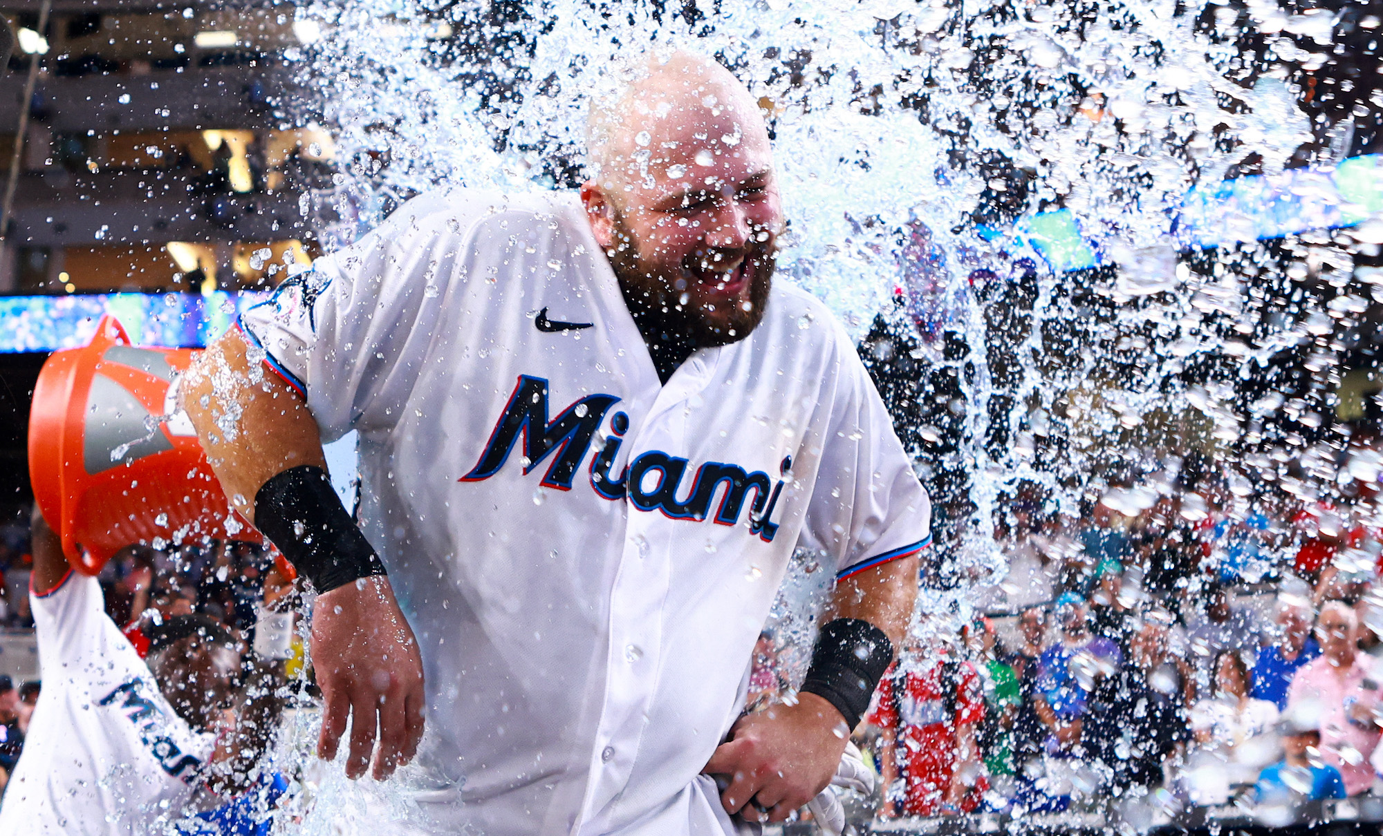 MIAMI, FLORIDA - AUGUST 13: Jake Burger #36 of the Miami Marlins receives a gatorade bath after hitting a walk-off RBI single to defeat the New York Yankees at loanDepot park on August 13, 2023 in Miami, Florida. (Photo by Megan Briggs/Getty Images)