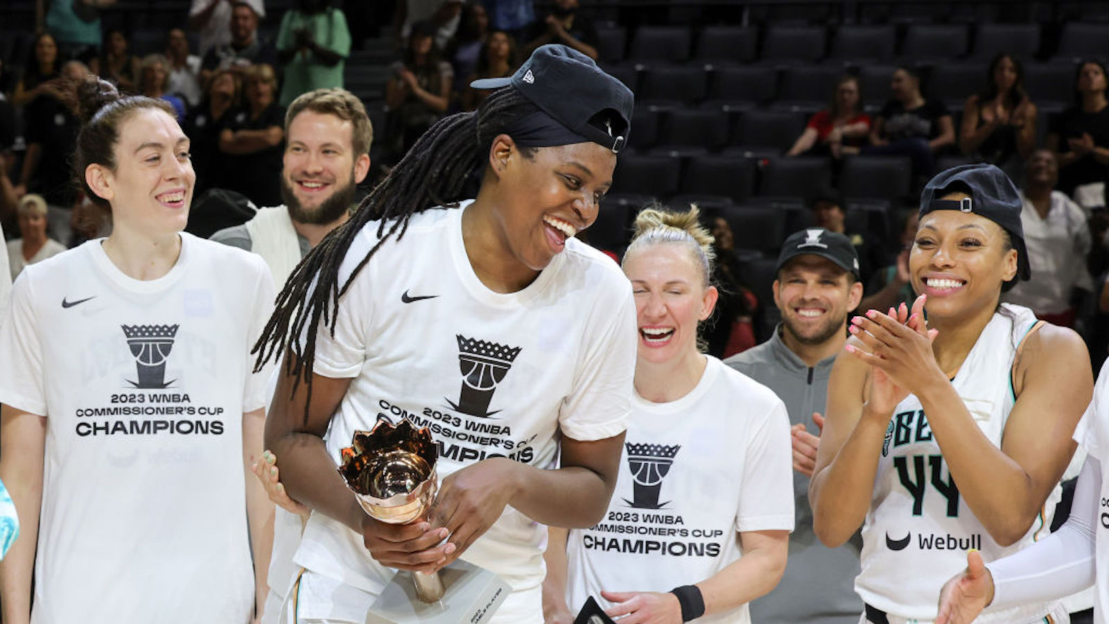 Jonquel Jones #35 of the New York Liberty accepts the MVP trophy after the team's 82-63 victory over the Las Vegas Aces in the 2023 Commissioner's Cup Championship game at Michelob ULTRA Arena on August 15, 2023 in Las Vegas, Nevada.