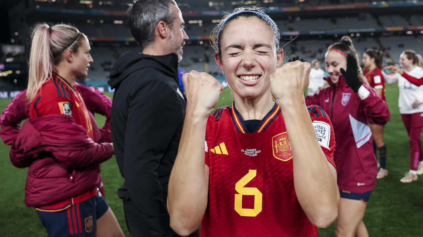 Aitana Bonmati of Spain celebrates her team’s 2-1 victory and advance to the final following the FIFA Women's World Cup Australia &amp; New Zealand 2023 Semi Final match between Spain and Sweden at Eden Park on August 15, 2023 in Auckland / Tāmaki Makaurau, New Zealand.