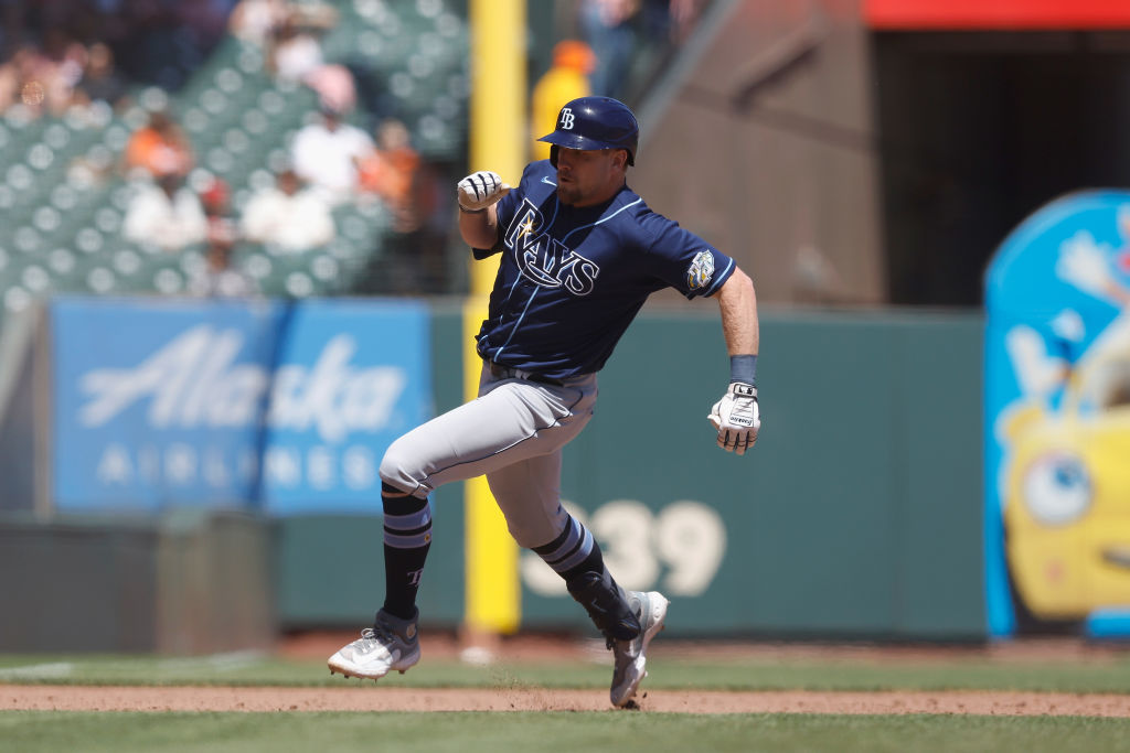 Luke Raley rounds third to score his inside-the-park home run