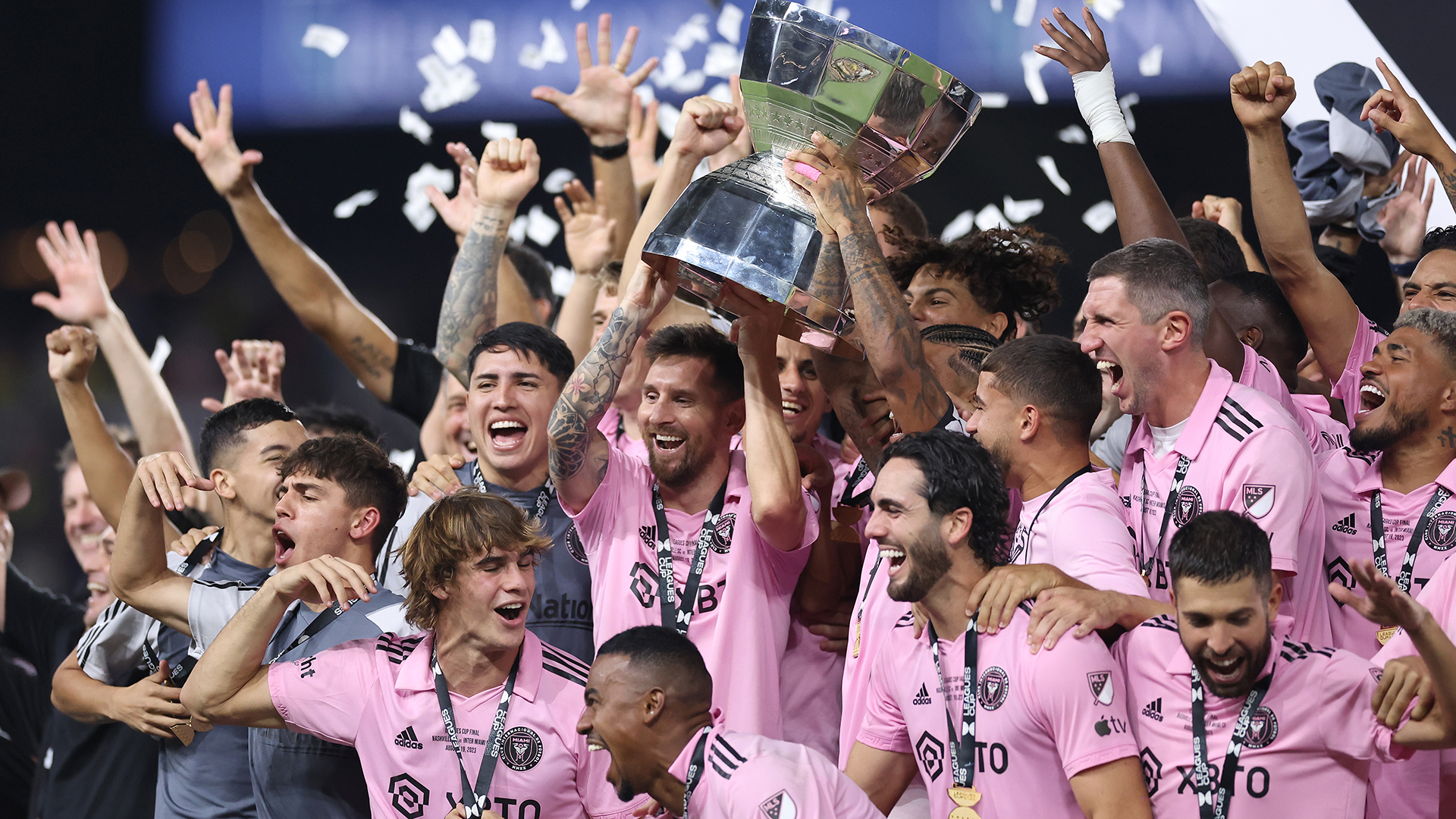 Lionel Messi #10 of Inter Miami hoist the trophy with his teammates after defeating the Nashville SC to win the Leagues Cup 2023 final match between Inter Miami CF and Nashville SC at GEODIS Park on August 19, 2023 in Nashville, Tennessee.