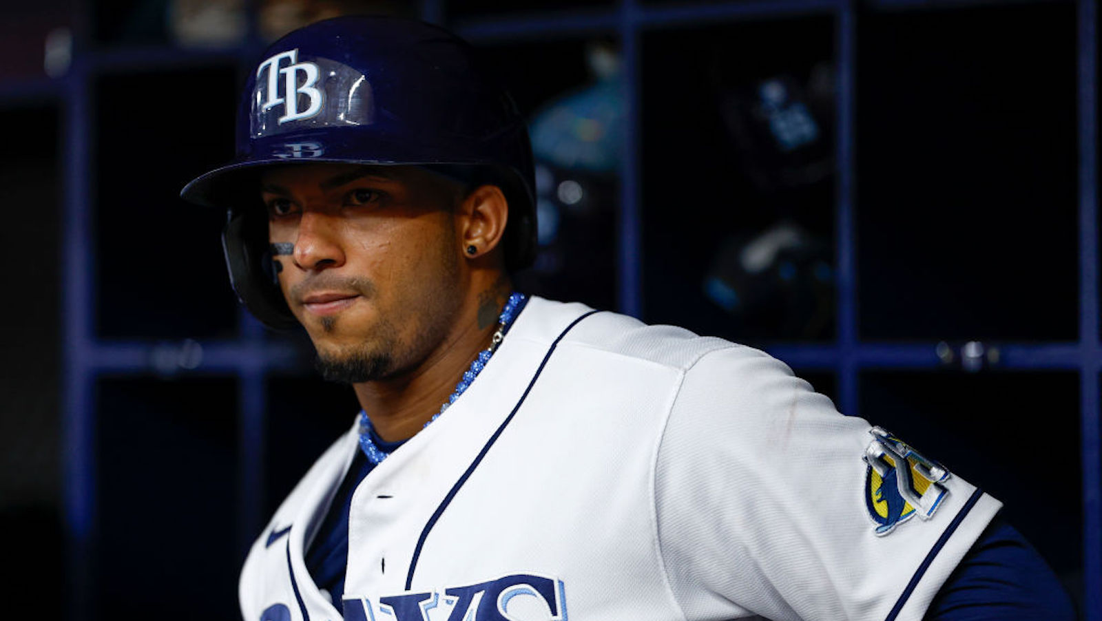 Wander Franco #5 of the Tampa Bay Rays looks on during the ninth inning against the Cleveland Guardians at Tropicana Field on August 12, 2023 in St Petersburg, Florida.