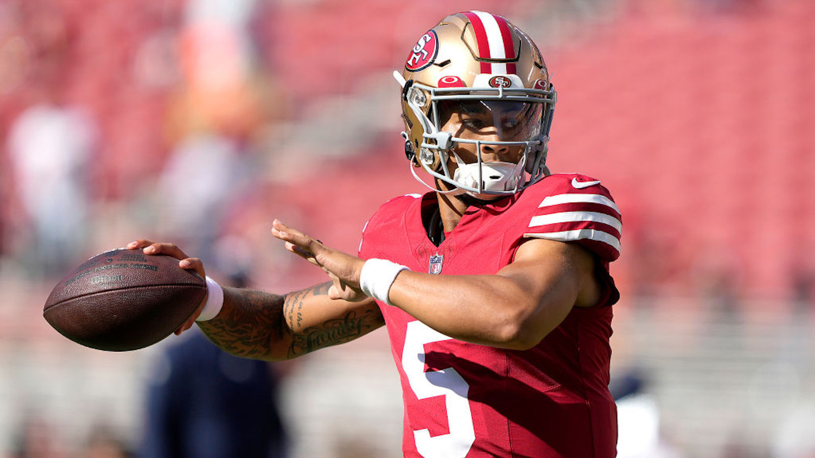 Trey Lance #5 of the San Francisco 49ers warms up during pregame warm ups prior to playing the Denver Broncos at Levi's Stadium on August 19, 2023 in Santa Clara, California.