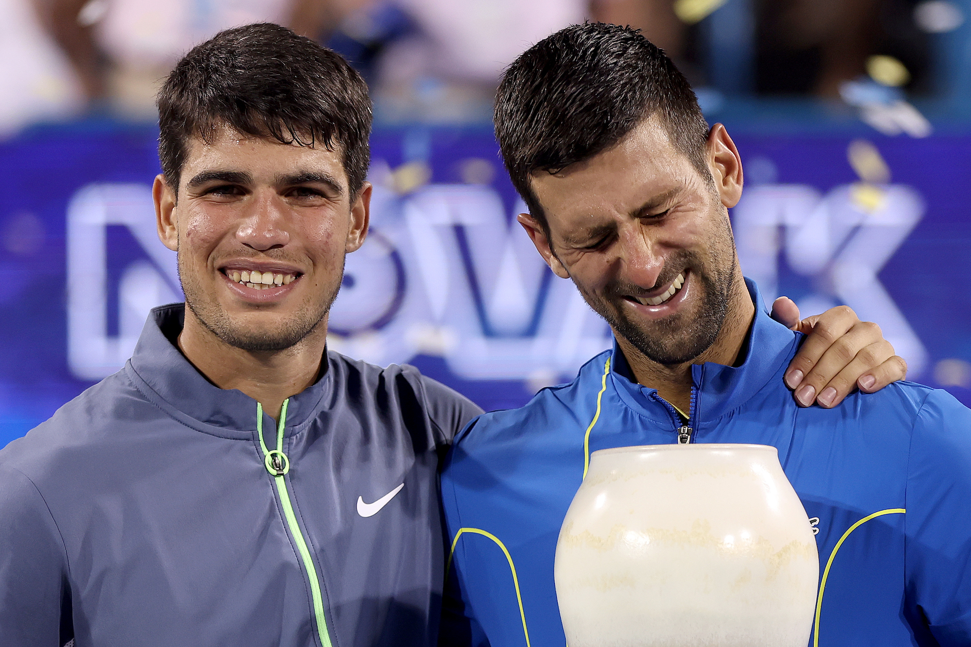 Carlos Alcaraz and Novak Djokovic smile together after their Cincinnati Masters final