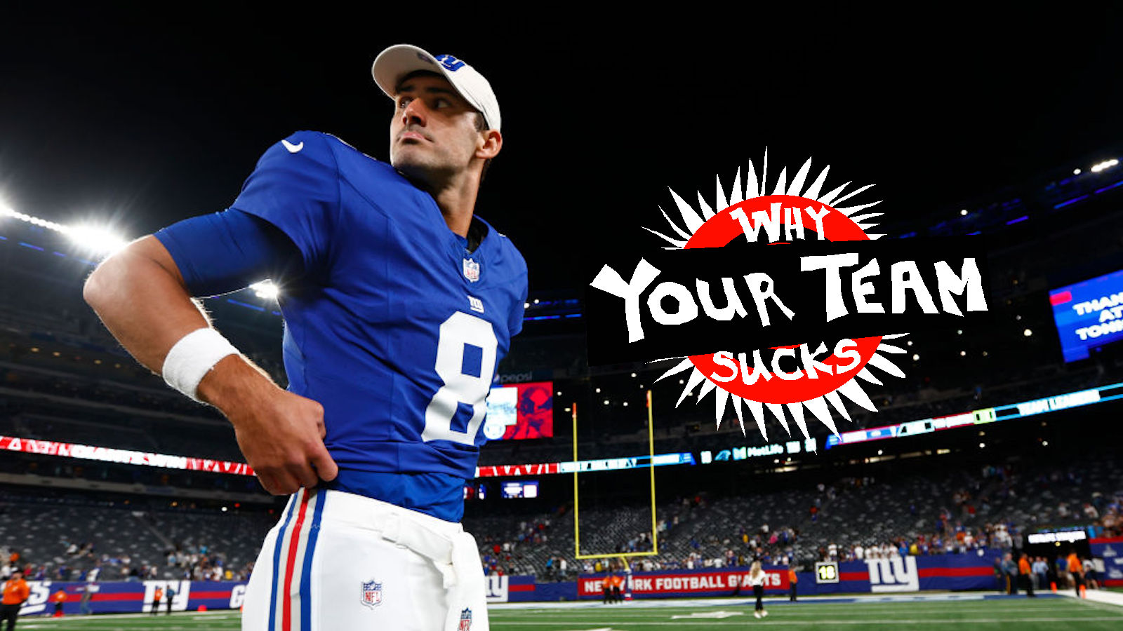 Quarterback Daniel Jones #8 of the New York Giants after defeating the Carolina Panthers 21-19 in a pre-season football game at MetLife Stadium on August 18, 2023 in East Rutherford, New Jersey.