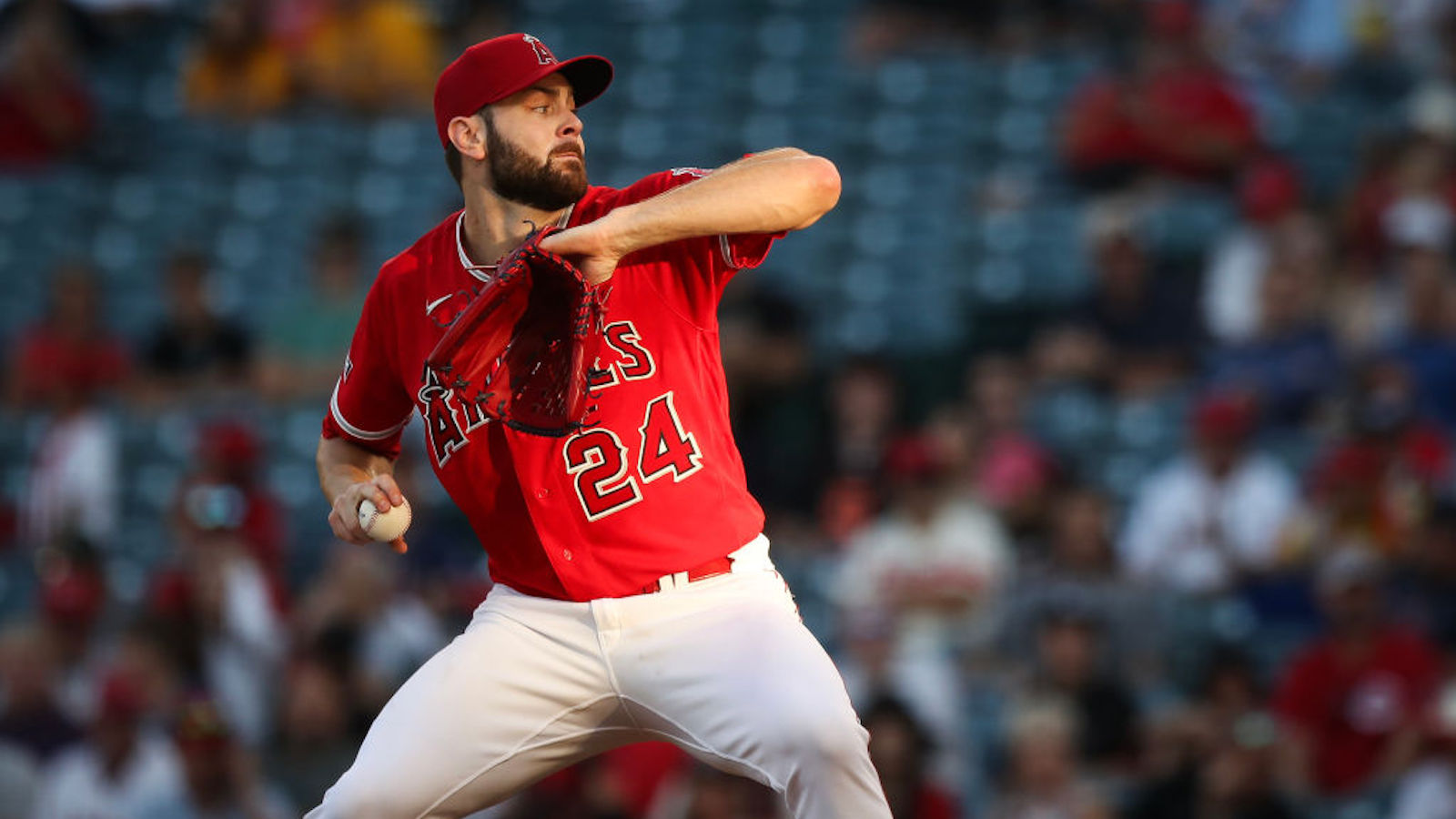 Lucas Giolito #24 of the Los Angeles Angels pitches in the first inning against the Cincinnati Reds at Angel Stadium of Anaheim on August 22, 2023 in Anaheim, California.