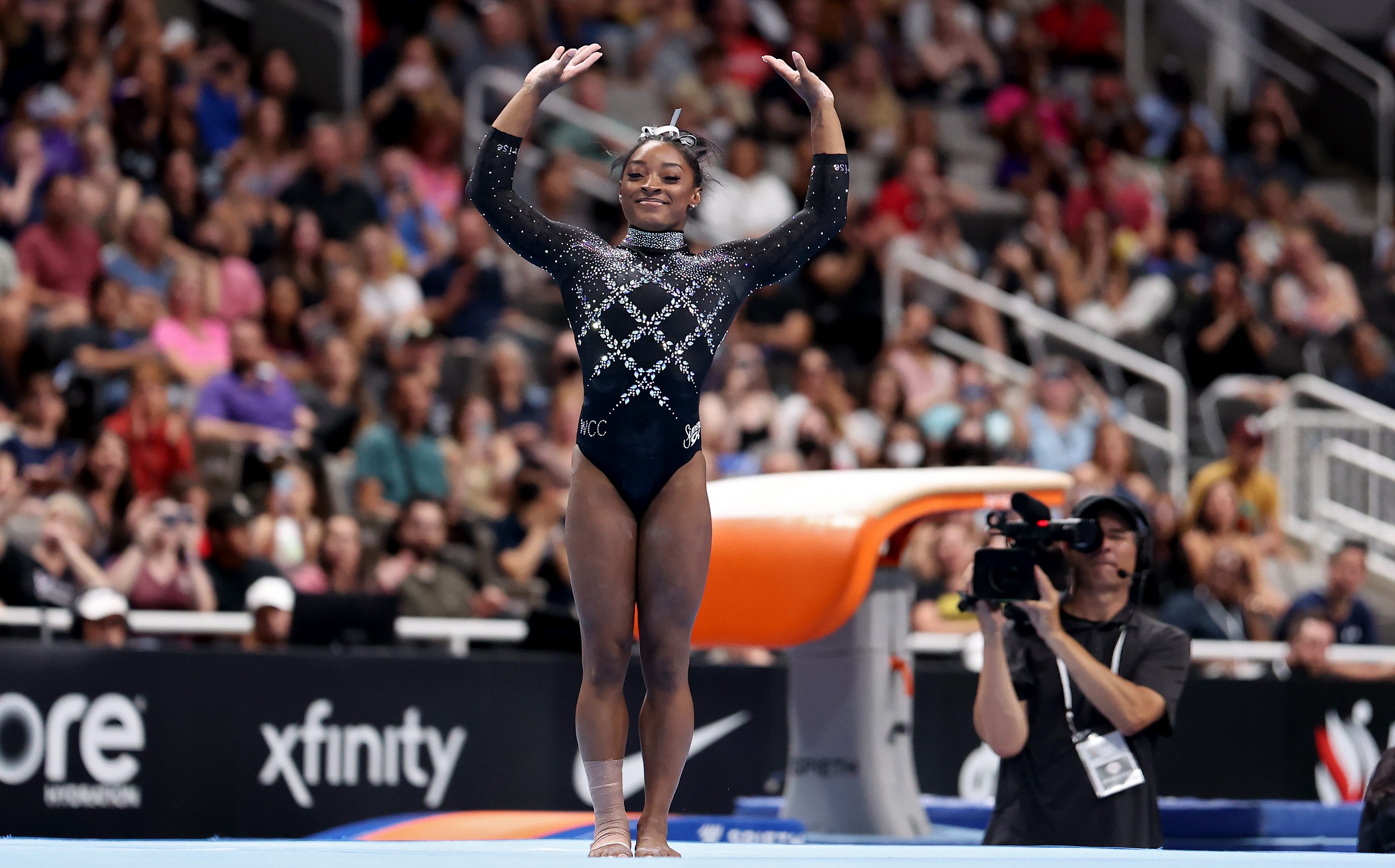 Simone Biles competes in the floor exercise on day four of the 2023 U.S. Gymnastics Championships at SAP Center on August 27, 2023 in San Jose, California.