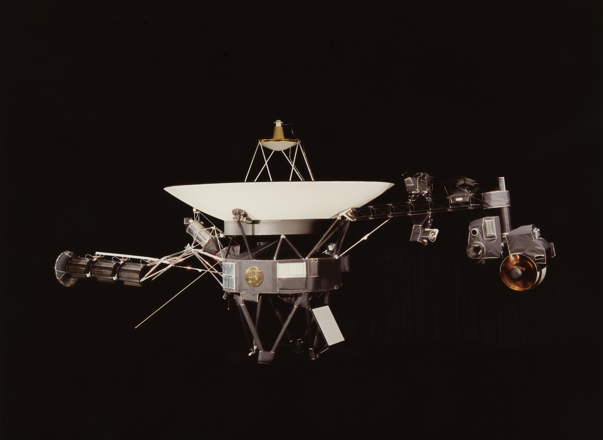 A NASA image of one of the Voyager space probes. Voyager 1 and its identical sister craft Voyager 2 were launched in 1977 to study the outer Solar System and eventually interstellar space. (Photo by NASA/Hulton Archive/Getty Images)