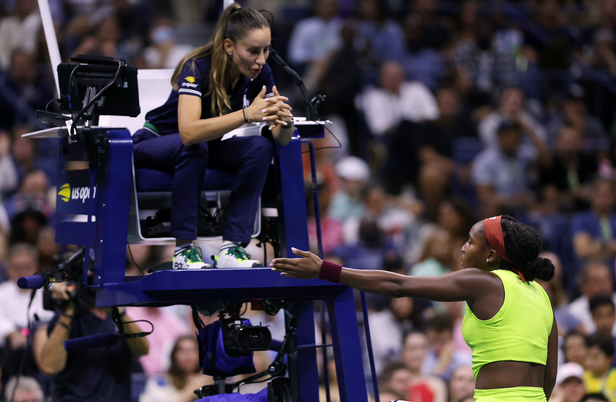Coco Gauff tells umpire Marijana Veljovic to call a time violation against her opponent, Laura Siegemund, at the U.S. Open