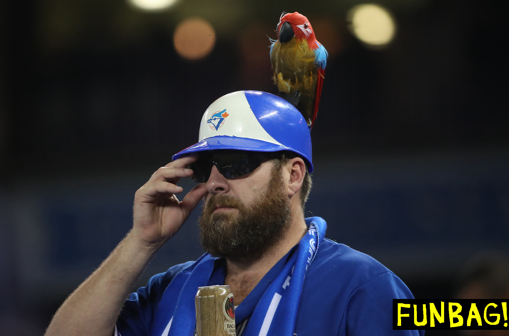 TORONTO, CANADA - SEPTEMBER 29: A Toronto Blue Jays fan wears a parrot on his helmet in homage to the home run power of Edwin Encarnacion #10 during MLB game action against the Baltimore Orioles on September 29, 2016 at Rogers Centre in Toronto, Ontario, Canada. (Photo by Tom Szczerbowski/Getty Images) *** Local Caption *** Edwin Encarnacion
