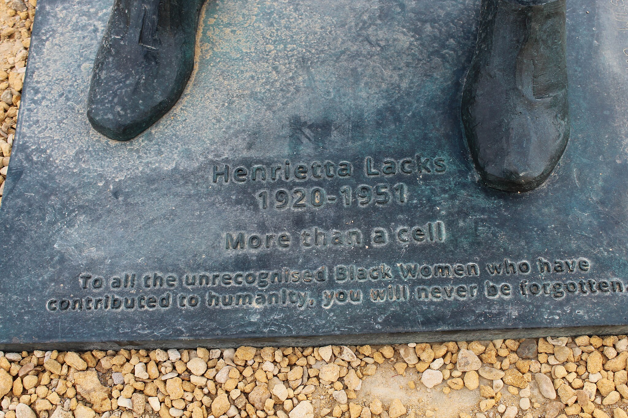 English: Bronze statue of Henrietta Lacks by sculptor Helen Wilson-Roe located at Royal Fort House, Bristol. The plaque at the foot of the statue reads: Henrietta Lacks 1920-1951. more than a cell. To all the unrecognized Black Women who have contributed to humanity, you will never be forgotten.