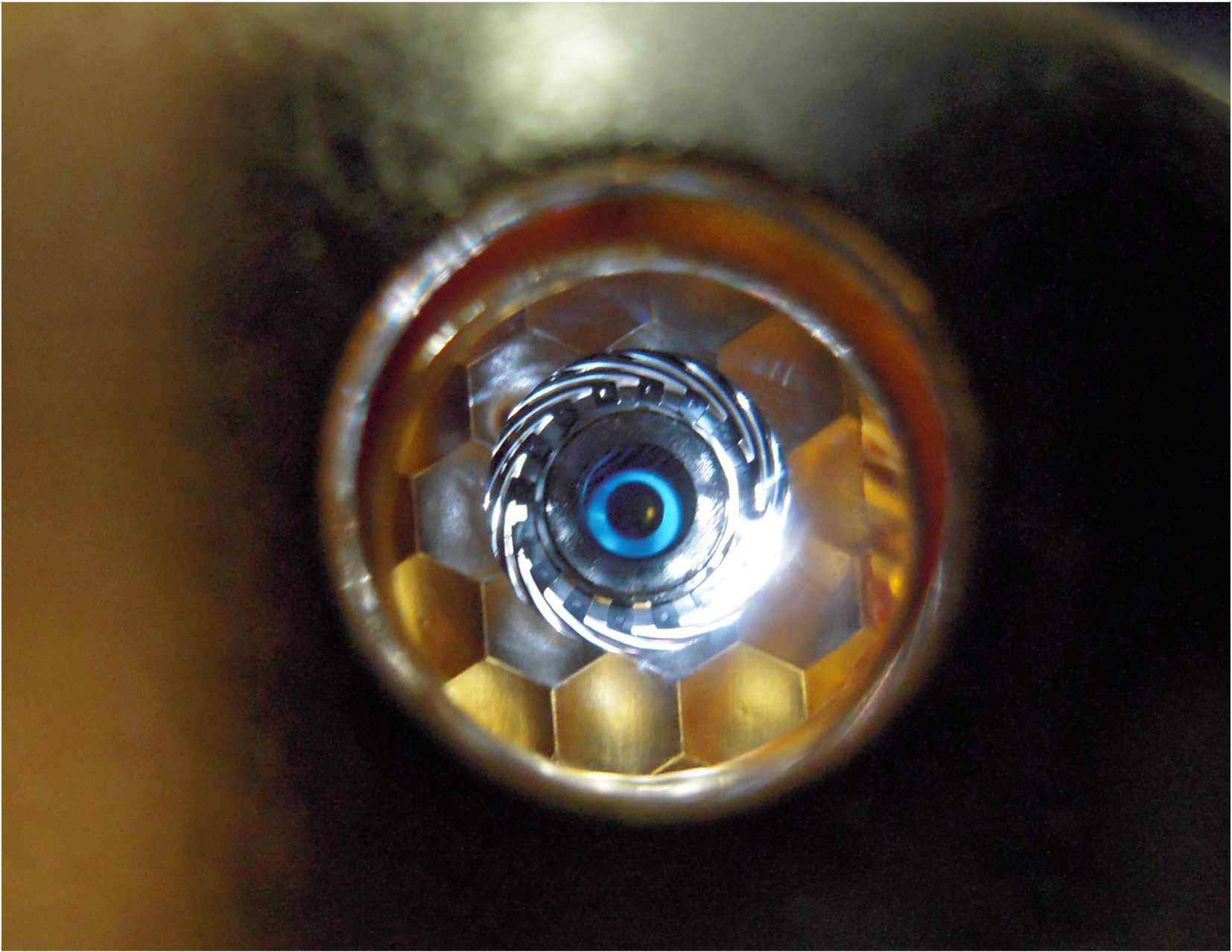 A laser's view of the interior of a hohlraum, the capsule at the ignition point of the fusion reaction.