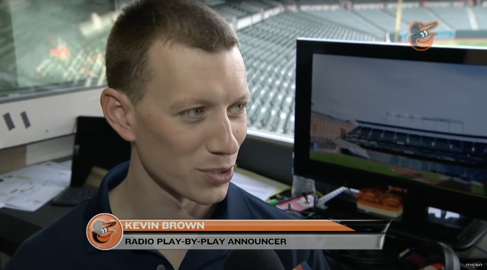 Orioles TV and radio play-by-play announcer Kevin Brown, from a 2019 MASN segment.