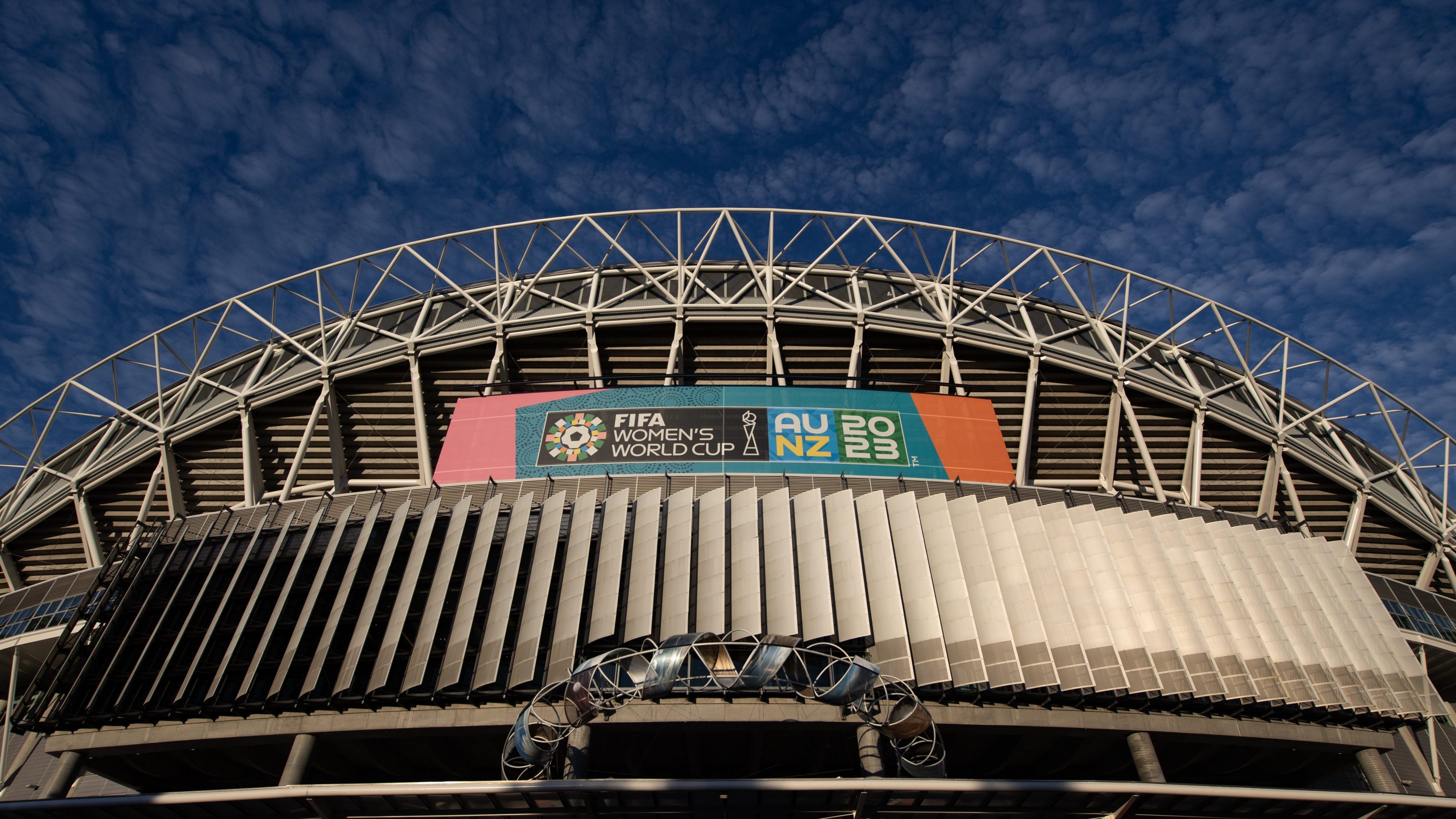A general view of the outside of Stadium Australia with the official FIFA Women's World Cup logo ahead of the FIFA Women's World Cup Australia & New Zealand 2023 Group B match between Australia and Ireland at Stadium Australia on July 20, 2023 in Sydney, Australia.