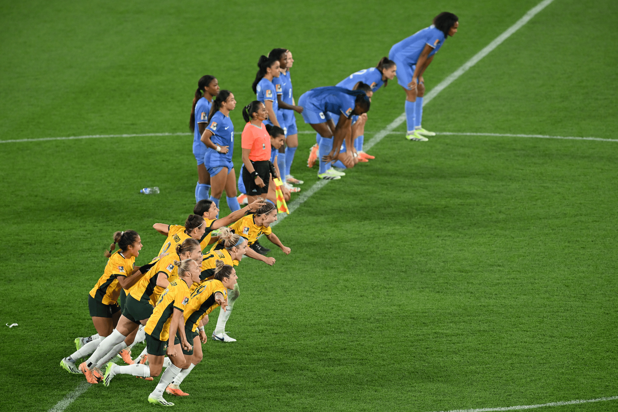 Australia and France women's national team players react to Australia's win in the 2023 World Cup quarterfinal.