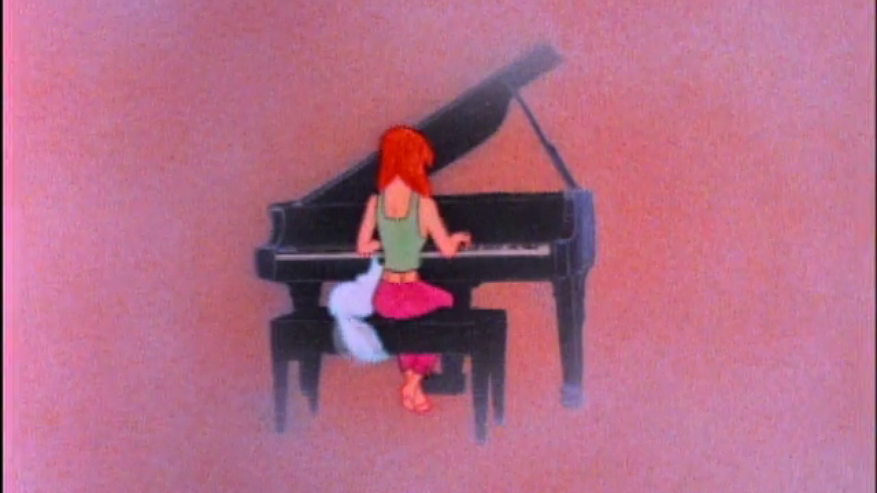 A drawn still from Diana's Piano. It looks hand drawn, maybe even even pencil marks. A red-headed girl with a white cat next to her plays a grand piano in a pink-ish void.