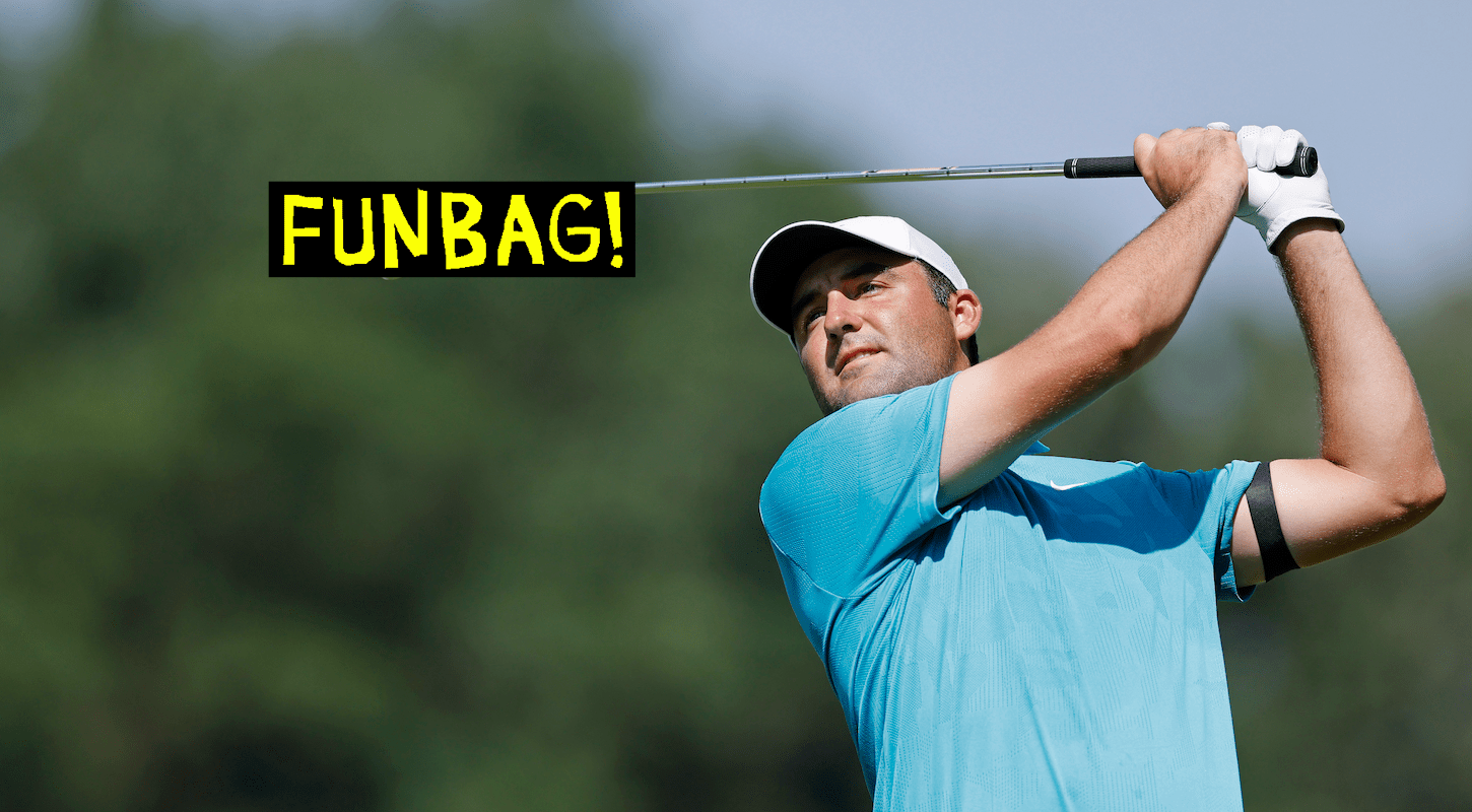Golfer Scottie Scheffler, mid-swing, with a Funbag badge at the end of his club.