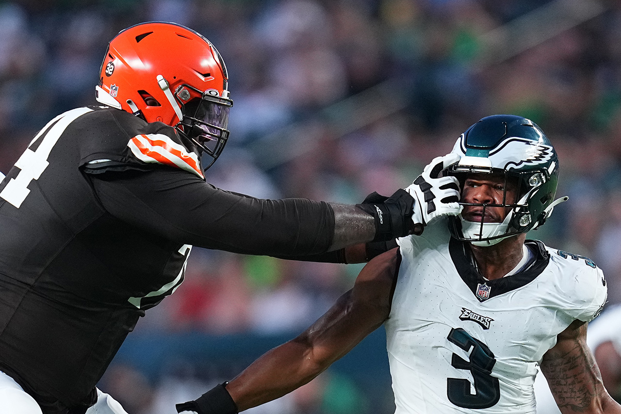 Dawand Jones #74 of the Cleveland Browns blocks Nolan Smith #3 of the Philadelphia Eagles in the first half of the preseason game at Lincoln Financial Field on August 17, 2023 in Philadelphia, Pennsylvania.