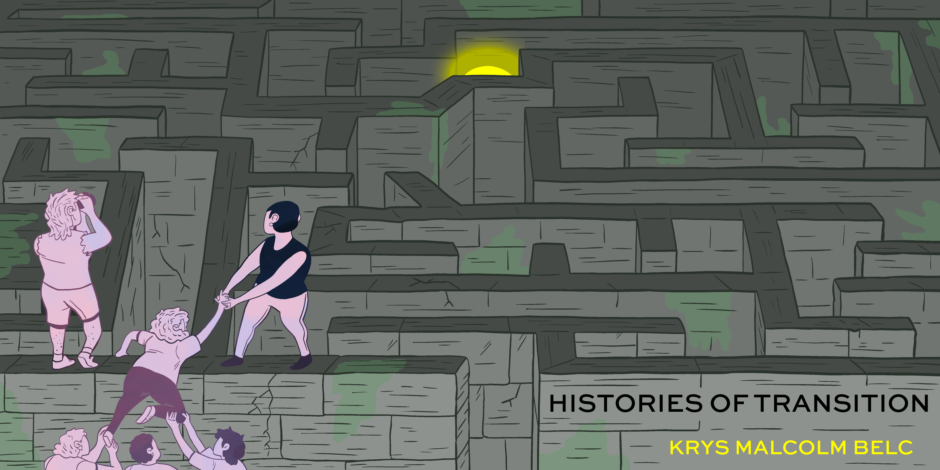 Drawing of a group of people helping each other over a labyrinth