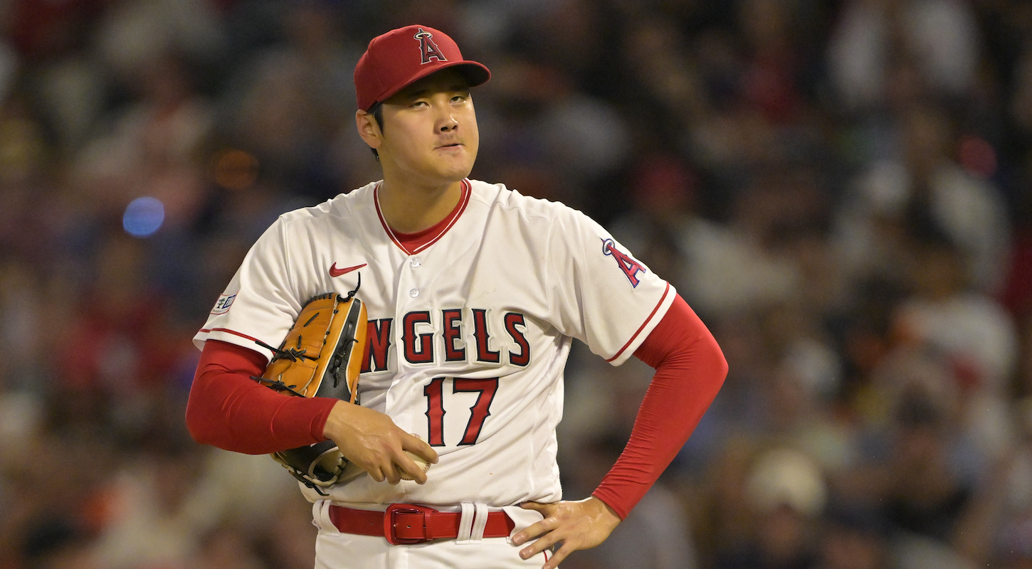 Shohei Ohtani of the Los Angeles Angels of Anaheim, looking quite pissed off.