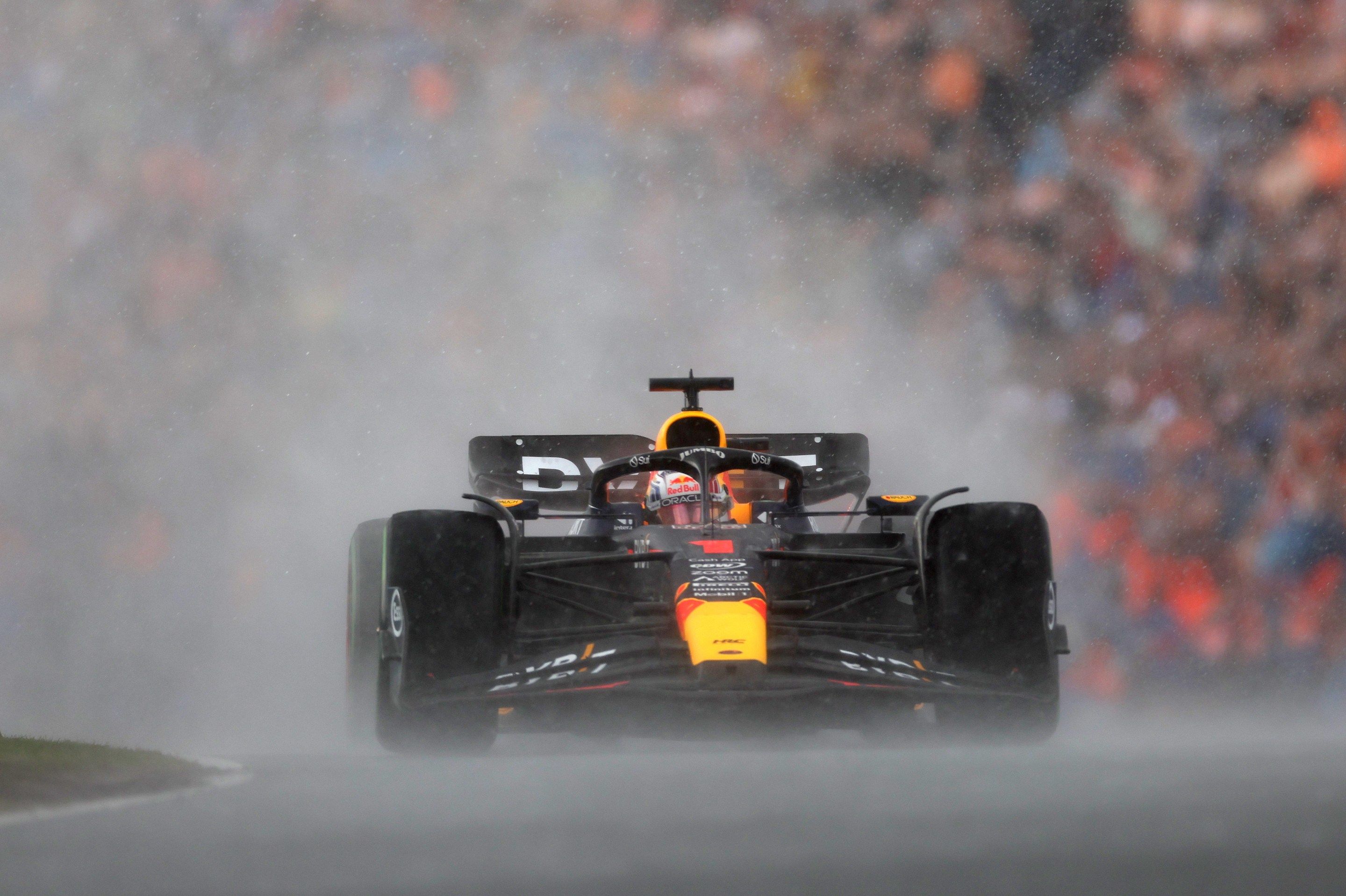 Max Verstappen drives through the rain at the 2023 Dutch Grand Prix.