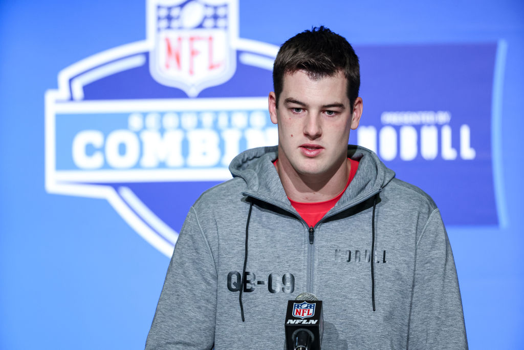 Quarterback Tanner McKee of Stanford speaks to the media during the NFL Combine at Lucas Oil Stadium on March 3, 2023 in Indianapolis, Indiana.