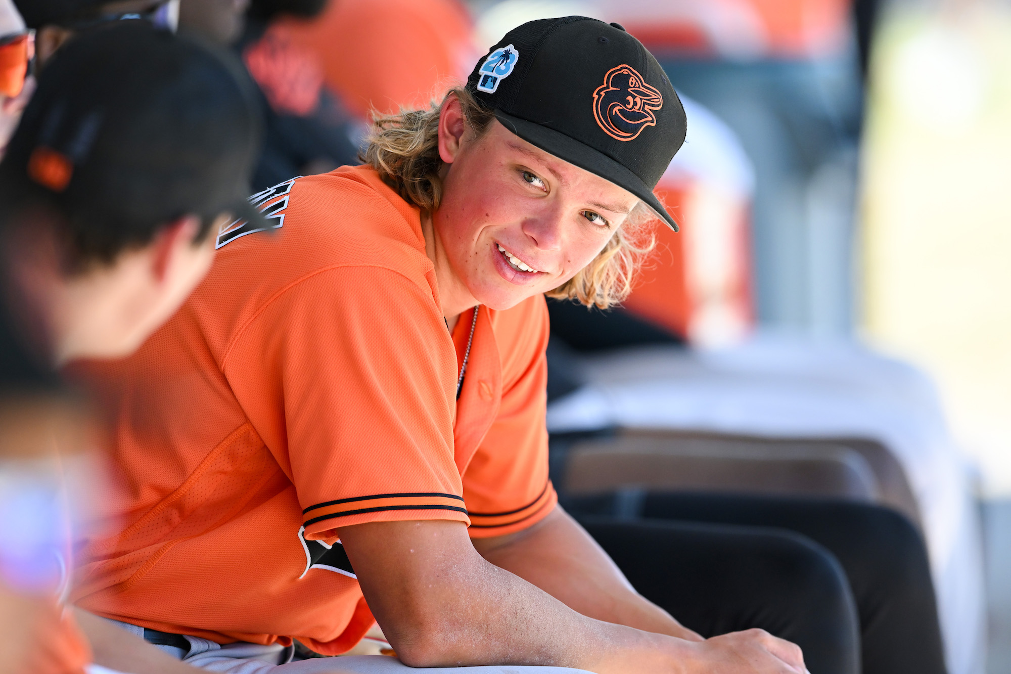 SARASOTA, FLORIDA - MARCH 21, 2023: Jackson Holliday #87 of the Baltimore Orioles looks on during a minor league spring training game against the Atlanta Braves at the Buck O’Neil Baseball Complex on March 21, 2023 in Sarasota, Florida. (Photo by Nick Cammett/Diamond Images via Getty Images) *** Local Caption *** Jackson Holliday