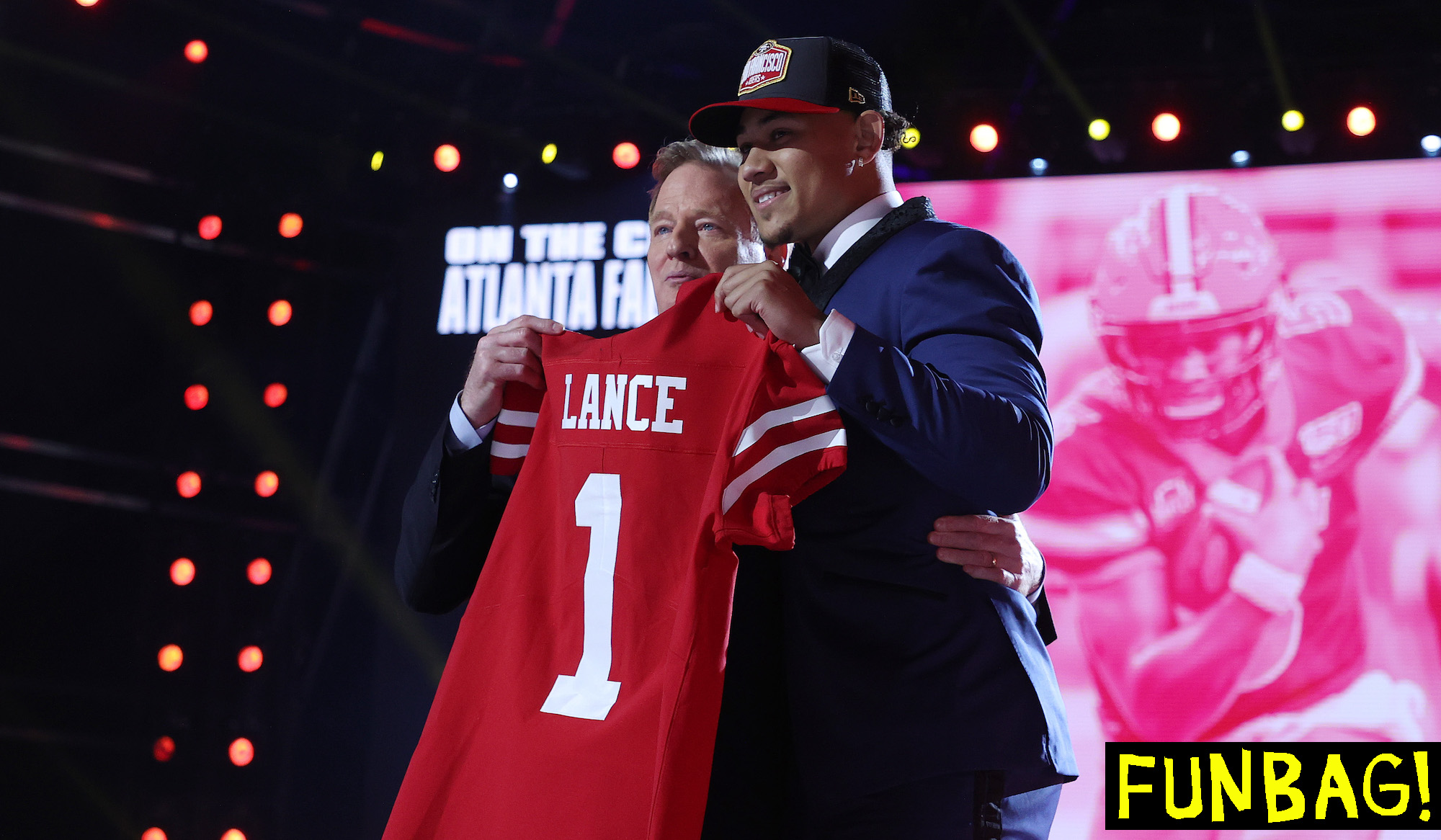 CLEVELAND, OHIO - APRIL 29: Trey Lance poses with NFL Commissioner Roger Goodell onstage after being selected third by the San Francisco 49ers during round one of the 2021 NFL Draft at the Great Lakes Science Center on April 29, 2021 in Cleveland, Ohio. (Photo by Gregory Shamus/Getty Images)