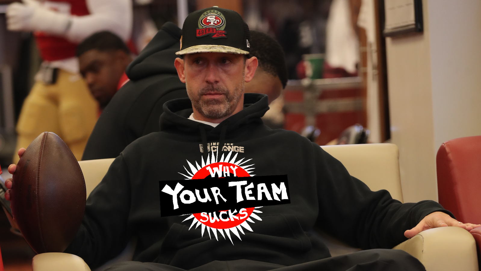 Head Coach Kyle Shanahan of the San Francisco 49ers in the locker room before the NFC Wild Card playoff game against the Seattle Seahawks at Levi's Stadium on January 14, 2023 in Santa Clara, California. The 49ers defeated the Seahawks 41-23.