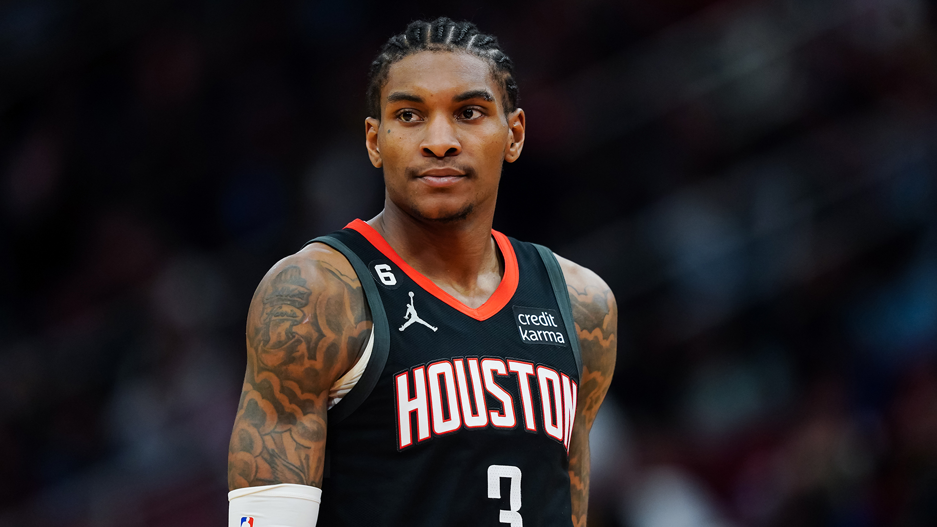 Kevin Porter Jr. #3 of the Houston Rockets looks on during the game against the Golden State Warriors at Toyota Center on March 20, 2023 in Houston, Texas.