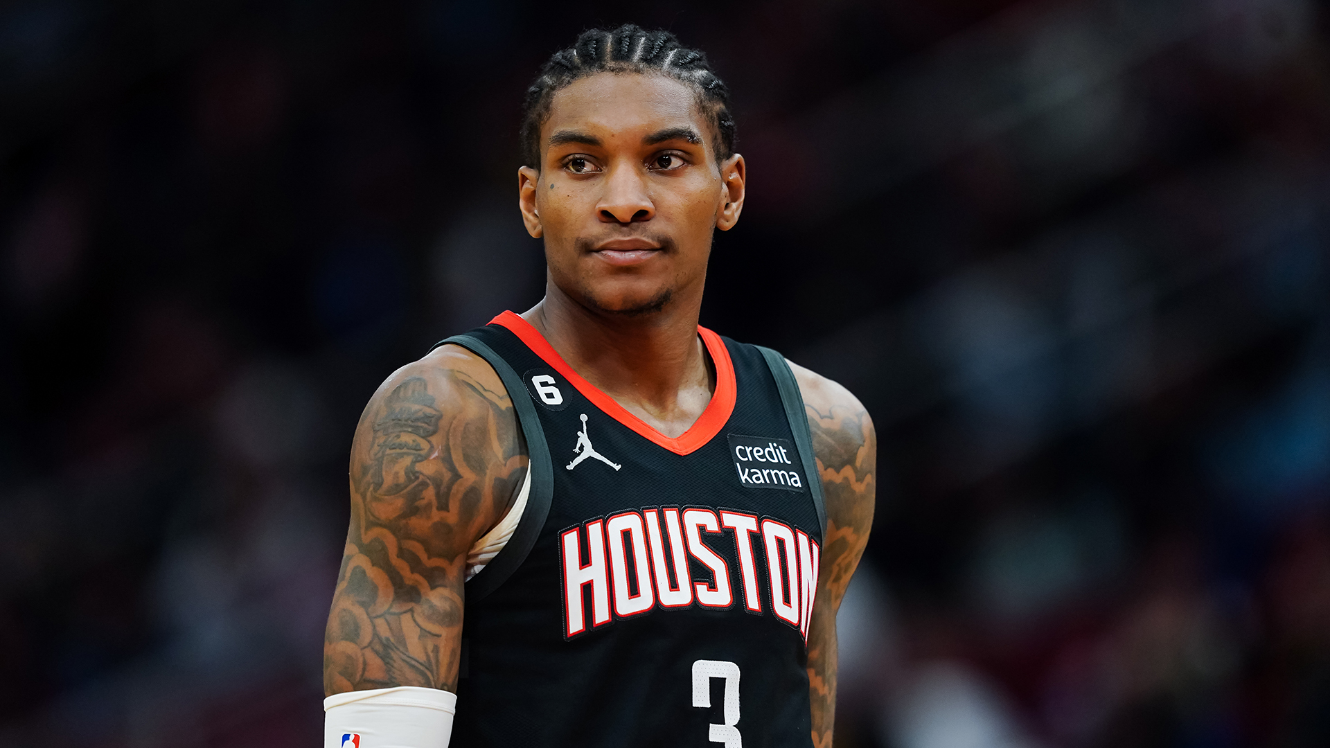 Kevin Porter Jr. #3 of the Houston Rockets looks on during the game against the Golden State Warriors at Toyota Center on March 20, 2023 in Houston, Texas.