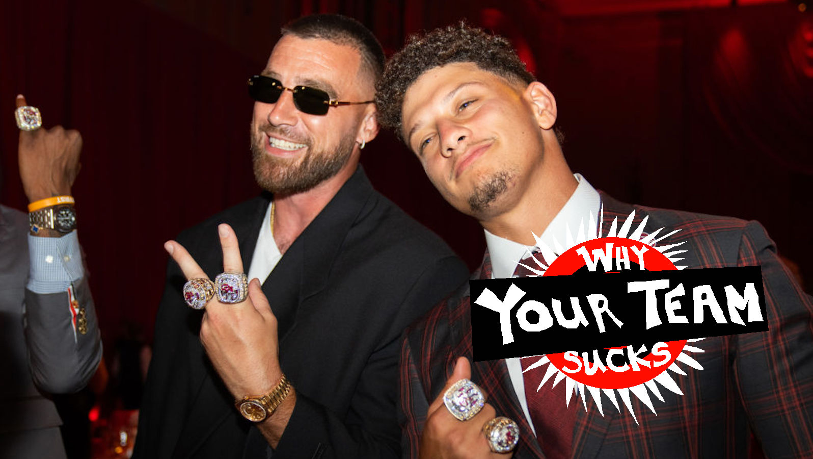 In this handout image provided by the Kansas City Chiefs, Travis Kelce and Patrick Mahomes of the Kansas City Chiefs pose during the Kansas City Chiefs Super Bowl LVII Ring Ceremony at Union Station on June 15, 2023 in Kansas City, Missouri.