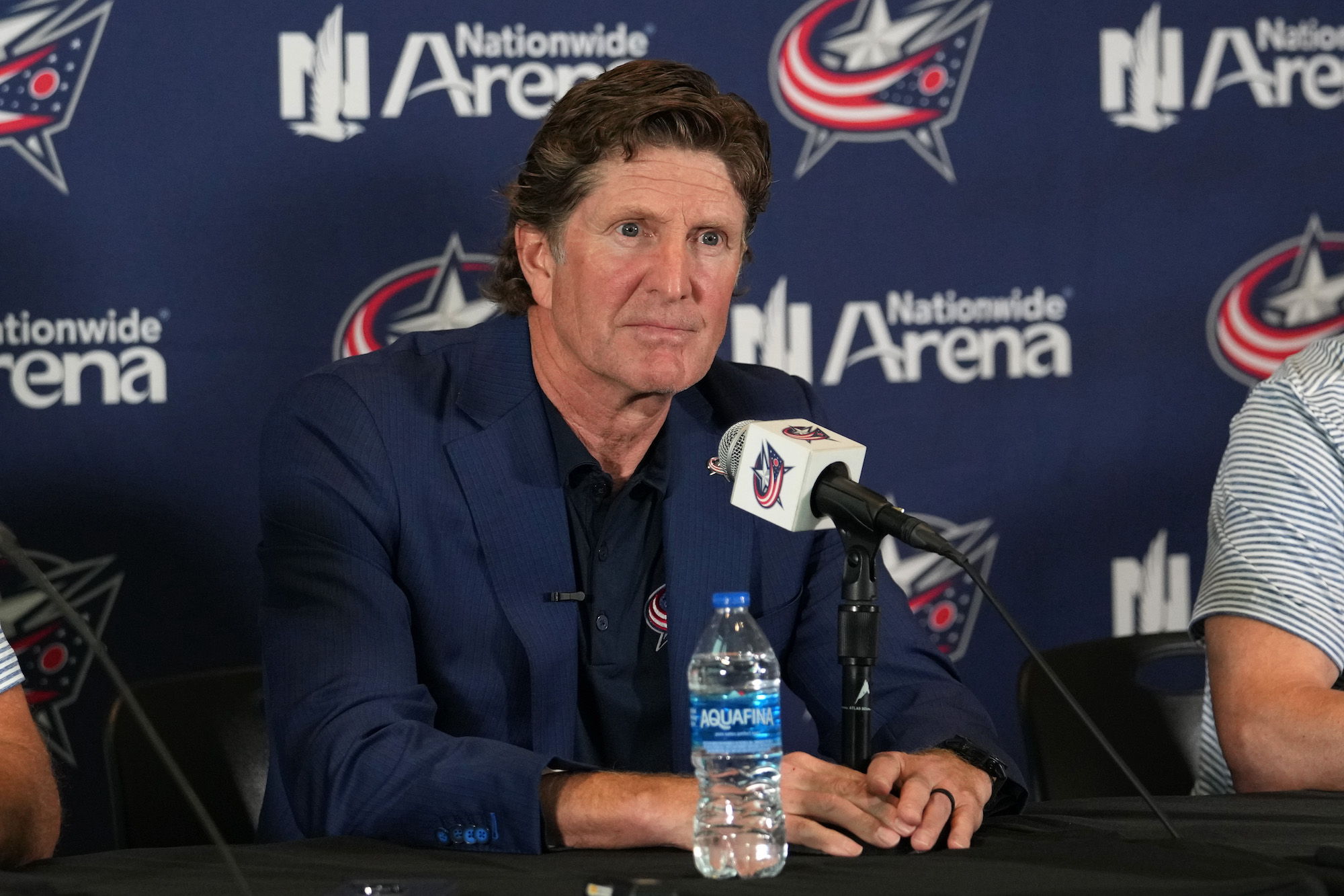 COLUMBUS, OHIO - JULY 01: Columbus Blue Jackets Head Coach Mike Babcock addresses member of the media during a press conference at Nationwide Arena on July 01, 2023 in Columbus, Ohio. (Photo by Jason Mowry/Getty Images)