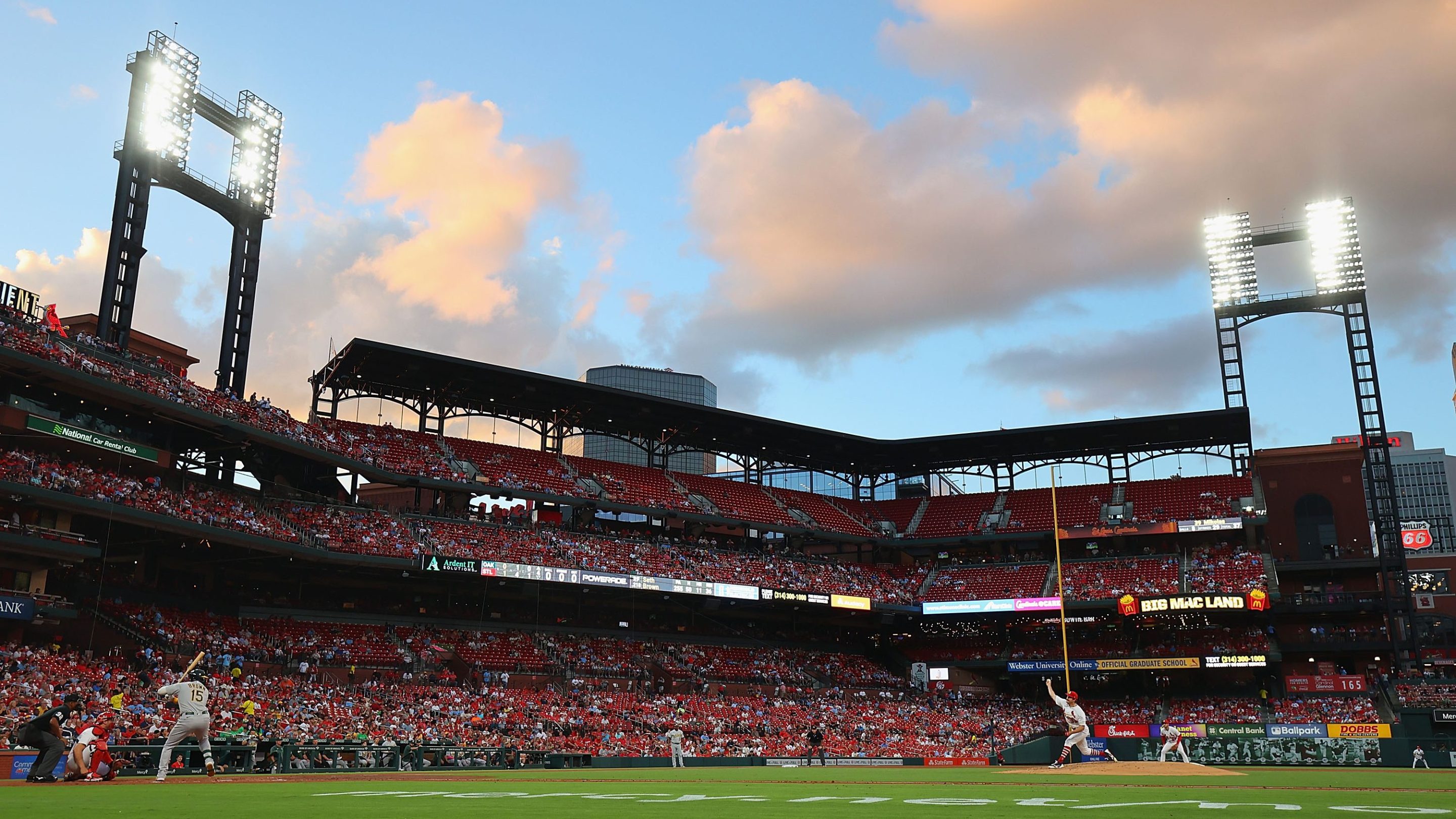 General view of Busch Stadium during a game between the St. Louis Cardinals and the Oakland Athletics on August 14, 2023 in St Louis, Missouri.