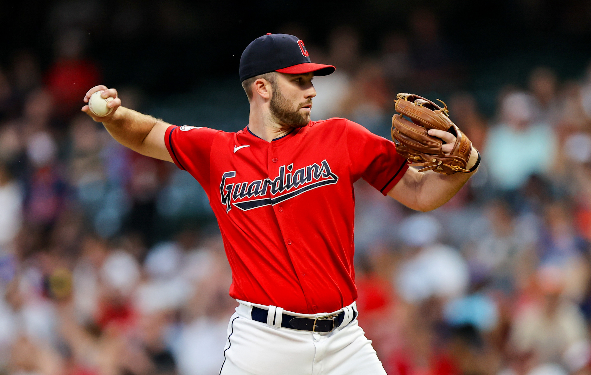 CLEVELAND, OH - SEPTEMBER 04: Cleveland Guardians position player David Fry (12) delivers a pitch to the plate during the sixth inning of the Major League Baseball game between the Minnesota Twins and Cleveland Guardians on September 4, 2023, at Progressive Field in Cleveland, OH. (Photo by Frank Jansky/Icon Sportswire via Getty Images)